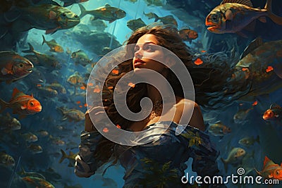 A woman wearing a blue dress stands amidst a vibrant sea of fish, An enchanting underwater kingdom with mermaids, AI Generated Stock Photo