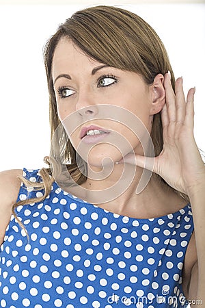 Woman Wearing Blue Polka Dot Dress Eavesdropping Listening to Conversation Stock Photo