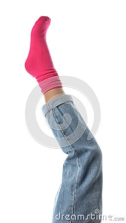 Woman wearing bright sock on white background, closeup Stock Photo