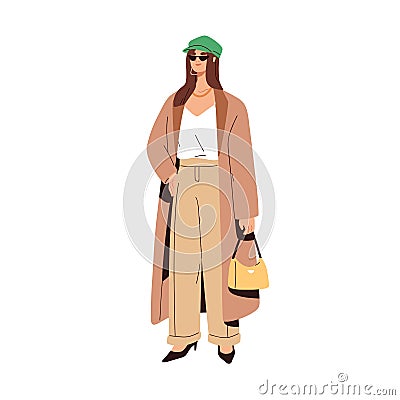 Woman wearing casual fashion clothes and sunglasses. Model in trendy summer apparel. Female in modern loose pants Vector Illustration