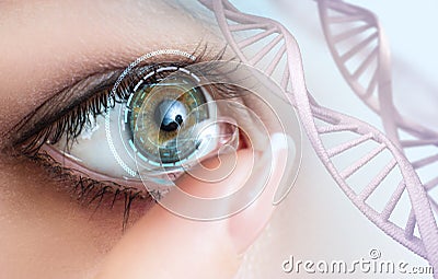 Woman wearing contact lens among DNA stems. Stock Photo