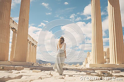 A woman wearing an elegant long dress poses gracefully in front of a row of majestic columns, Female tourist standing in front of Stock Photo