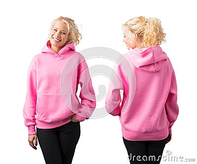 Woman wearing empty pink hoodie Stock Photo