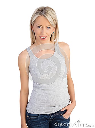 Woman wearing gray tank top shirt Stock Photo