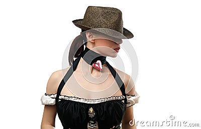 Woman wearing hat with heart shaped coulomb Stock Photo