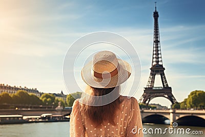 A woman wearing a hat poses in front of the iconic Eiffel Tower in Paris, tourist woman in summer dress and hat standing on Stock Photo