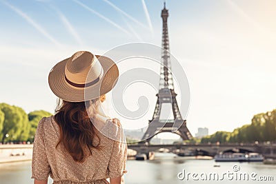 A woman wearing a hat stands in front of the iconic Eiffel Tower, tourist woman in summer dress and hat standing on beautiful Stock Photo