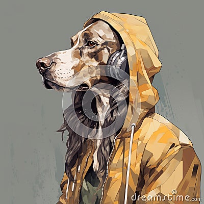 Dog In Headphones: Fashionable Cartoon Illustration In Dark Yellow And Gray Stock Photo