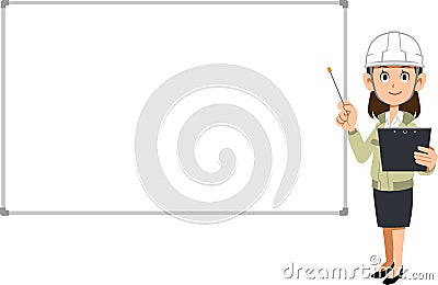 A woman wearing a helmet and work clothes to explain with materials and a pointer, and a simple whiteboard Vector Illustration