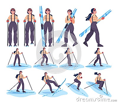 Woman wearing and holding skis. Skiing female character dressed in outerwear Vector Illustration