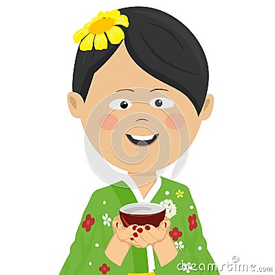 Woman wearing Japanese summer kimono holding a tea cup Vector Illustration