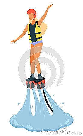 Woman Wearing Life Jacket and Helmet Flyboarding Vector Illustration