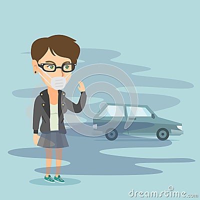 Woman wearing mask because of toxic air pollution. Vector Illustration