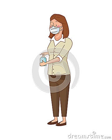 Woman wearing medical mask with antibacterial bottle character Vector Illustration