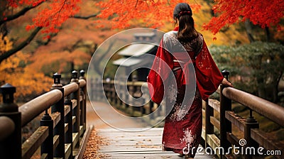 Woman wearing pink kimono on Wooden bridge in the autumn park, Japan autumn season, Kyoto Japan Stock Photo