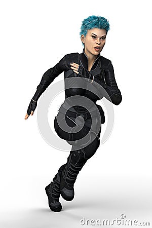 Woman wearing a protective futuristic uniform running Stock Photo