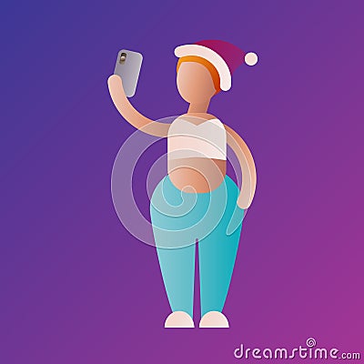 Woman wearing Santa hat makes selfie. New year mood. Vector Illustration