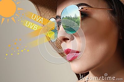 Woman wearing sunglasses, closeup. UVA and UVB rays reflected by lenses, illustration Stock Photo