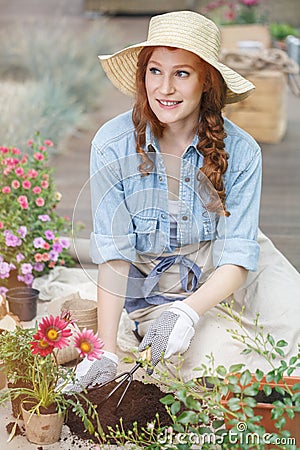 Preparing soil for replanting flowers Stock Photo