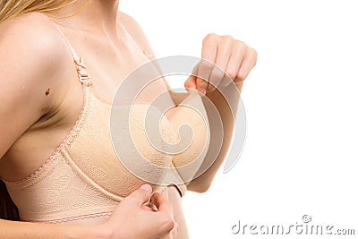 Woman wearing too big bra Stock Photo