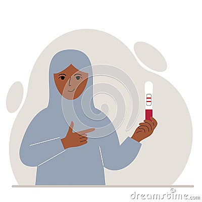 A woman wearing a traditional Islamic headscarf smiles and looks at a positive pregnancy test result. Vector Vector Illustration