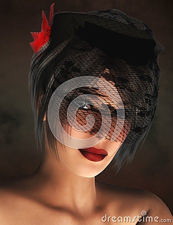 Woman wearing veiled hat Stock Photo