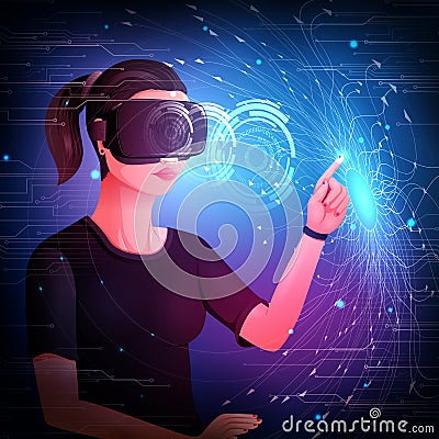 Woman wearing VR virtual Reality headset glasses and experiencing futuristic cyberscape technology Vector Illustration