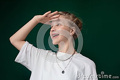 Woman Wearing White Shirt and Necklace Stock Photo