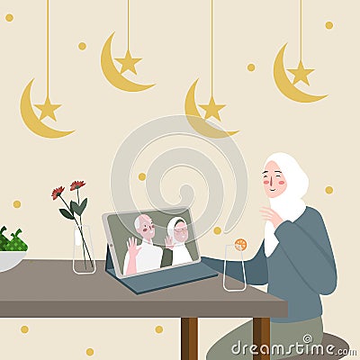 the woman wears green dress and white hijab is comunicating with her parents using video call to say happy eid fitri Vector Illustration