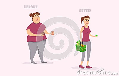 Slim woman with apple and full basket fruits . Fat woman with fast food Vector Illustration