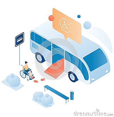 Woman in wheelchair boarding city bus with access ramp. Public transport accessibility. Barrier free environment, vector Vector Illustration