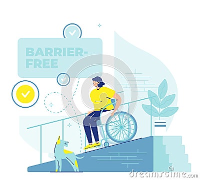 Woman in wheelchair leaving house using access ramp at entrance door, vector illustration. Barrier free environment. Vector Illustration