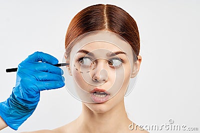 Woman on white background, outline, face, portrait, plastic surgery Stock Photo