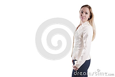 Woman in a bright jacket and jeans posing calm fashionable isolated Stock Photo