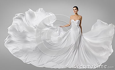 Woman White Dress, Fashion Model in Long Silk Gown, Waving Cloth Stock Photo