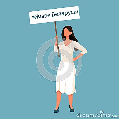 Woman in white dress holding banner with text Long live Belarus. Democracy support, human rights concept Vector Illustration