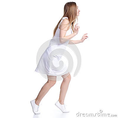 Woman in white dress sneaks sneak up Stock Photo
