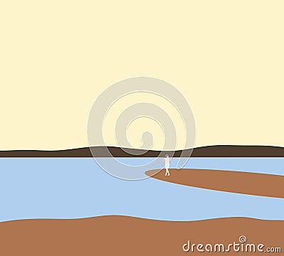 Woman in white dress standing on beach and looking to the sea. Relaxing and enjoying peace on holiday vacation. Vector Illustration