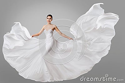 Woman White Dress, Wedding Fashion Model in Long Silk Bride Gown Stock Photo