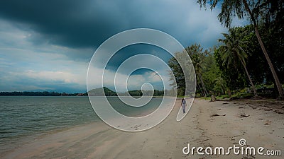 Woman in white fedora hat and sarong sown the beach with palm trees and storm clouds in the background Stock Photo