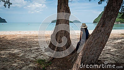 Woman with white fedora and sarong leaning against tree at the beach looking at the sea Stock Photo