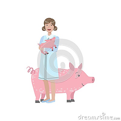 Woman In White Gown Holding A Piglet With Adult Pig Behing Her Vector Illustration