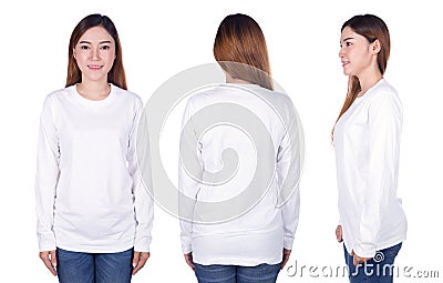 Woman in white long sleeve t-shirt isolated on white background Stock Photo