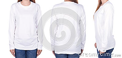Woman in white long sleeve t-shirt isolated on white background Stock Photo