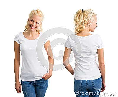 Woman in white round neck T-shirt Stock Photo