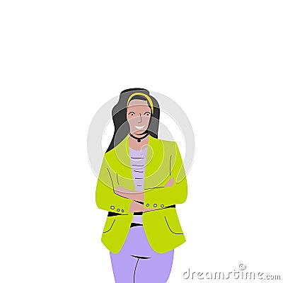 The woman who stood up and smiled, wearing a suit and there was a yellow headband on her head, wearing a necklace around her neck. Vector Illustration