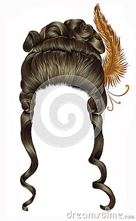 Woman wig hairs curls. medieval style rococo,baroque high hairdress with feather. Stock Photo