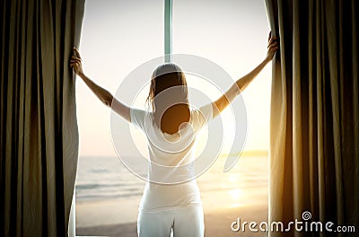 The woman is on the window in the bedroom. She opened the curtain at the window. In the morning and she looked at the view of the Stock Photo