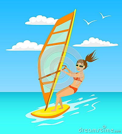 Woman windsurfing cartoon Vector Illustration