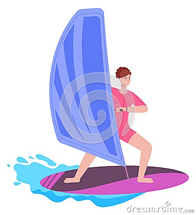 Woman windsurfing. Female surfer stand on board and ride wave Vector Illustration